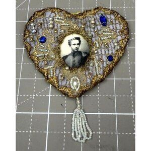 Antique Mourning Soldier Portrait Jeweled Heart Frame Soldier Metallic Thread Vi